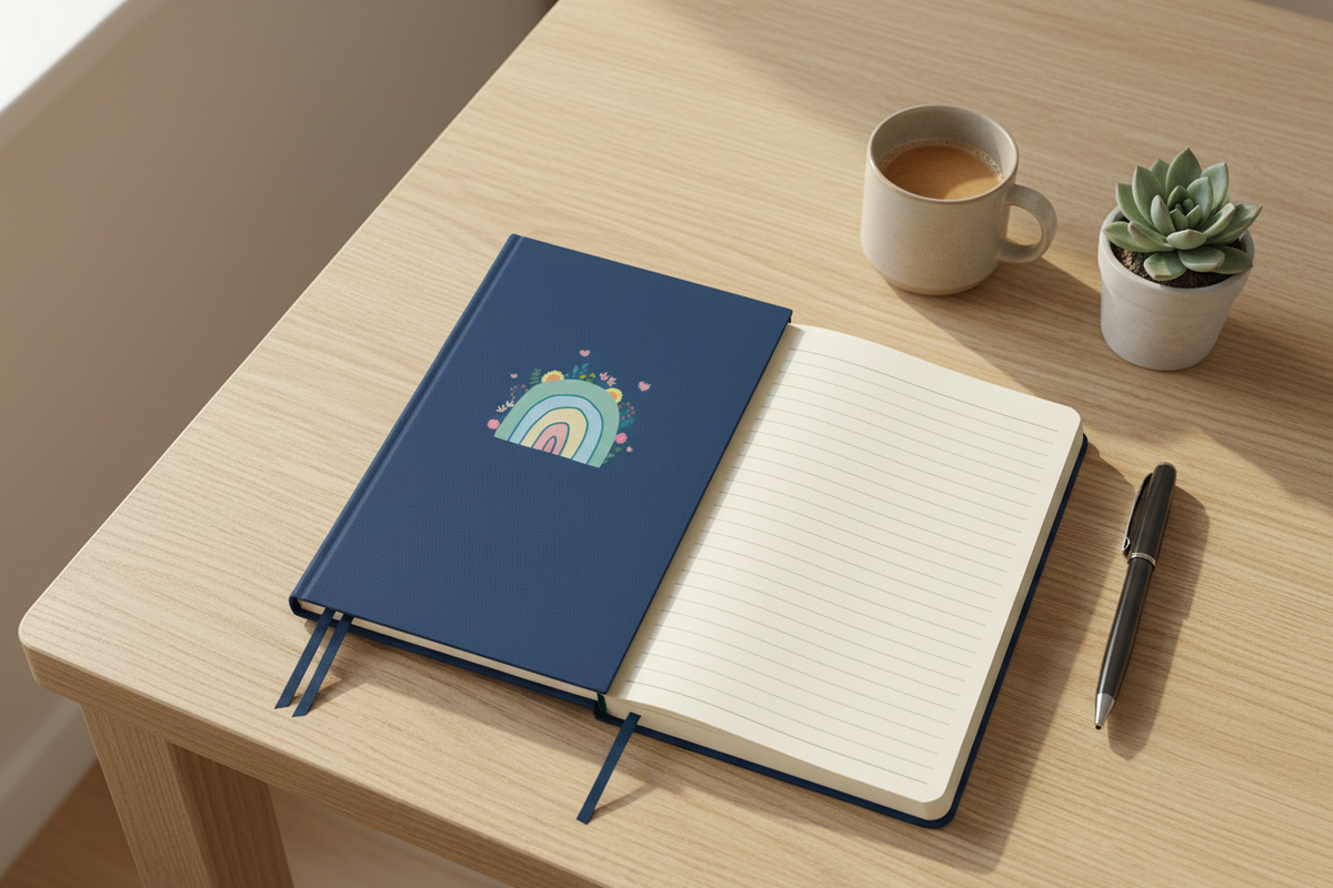Rainbow notebook on desk with coffee