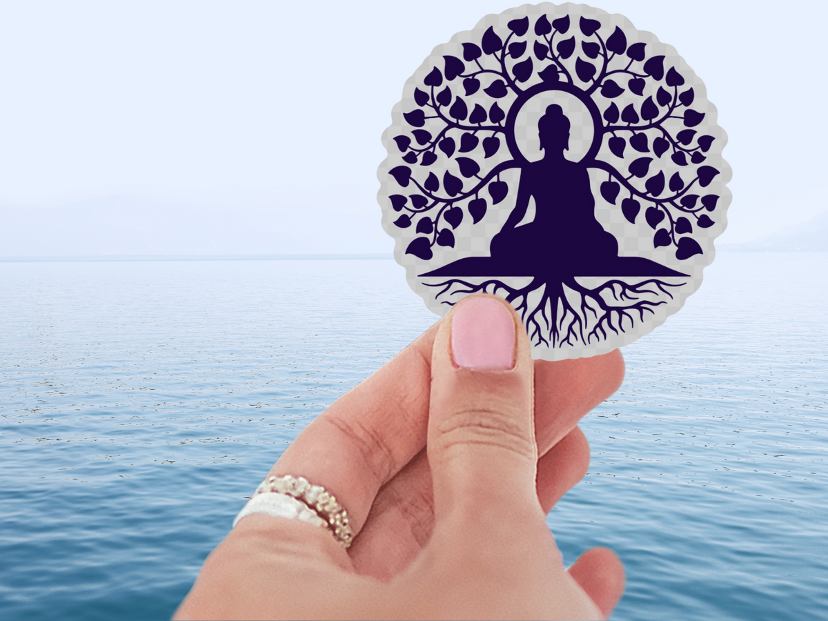Durable Buddha Tree of Life Sticker applied to a water bottle, featuring waterproof material and eye-catching die-cut design, enhancing mindfulness in daily life.