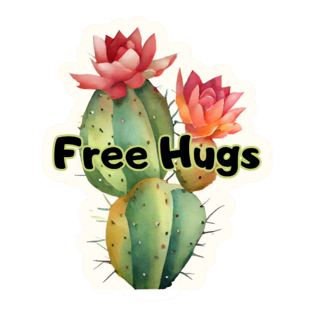 The vibrant Free Hugs Cactus Sticker in a lifestyle setting, brightening up a water bottle and exemplifying joy and friendliness.