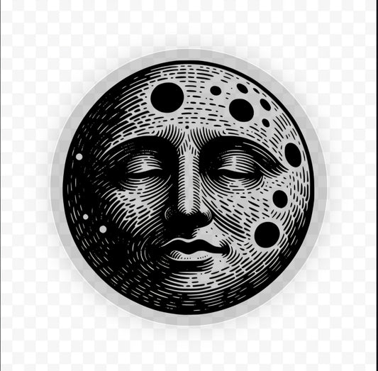 Close-up view of the Celestial Moon Face Vinyl Sticker showcasing vibrant colors and detailed textures. Ideal celestial moon sticker for both indoor and outdoor use.