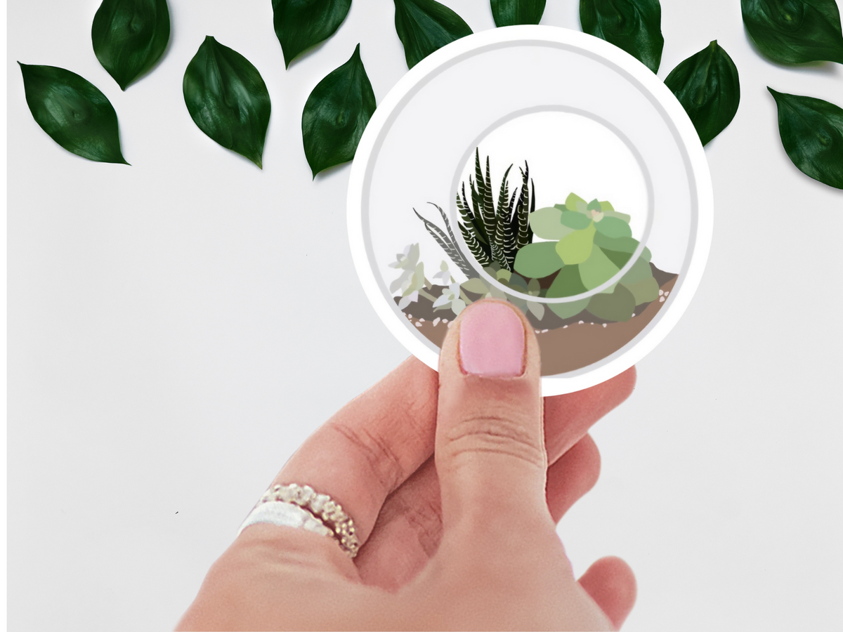 Lifestyle shot of the Waterproof Vibrant Succulent Sticker applied on a water bottle, illustrating its durability and eye-catching design for plant enthusiasts.
