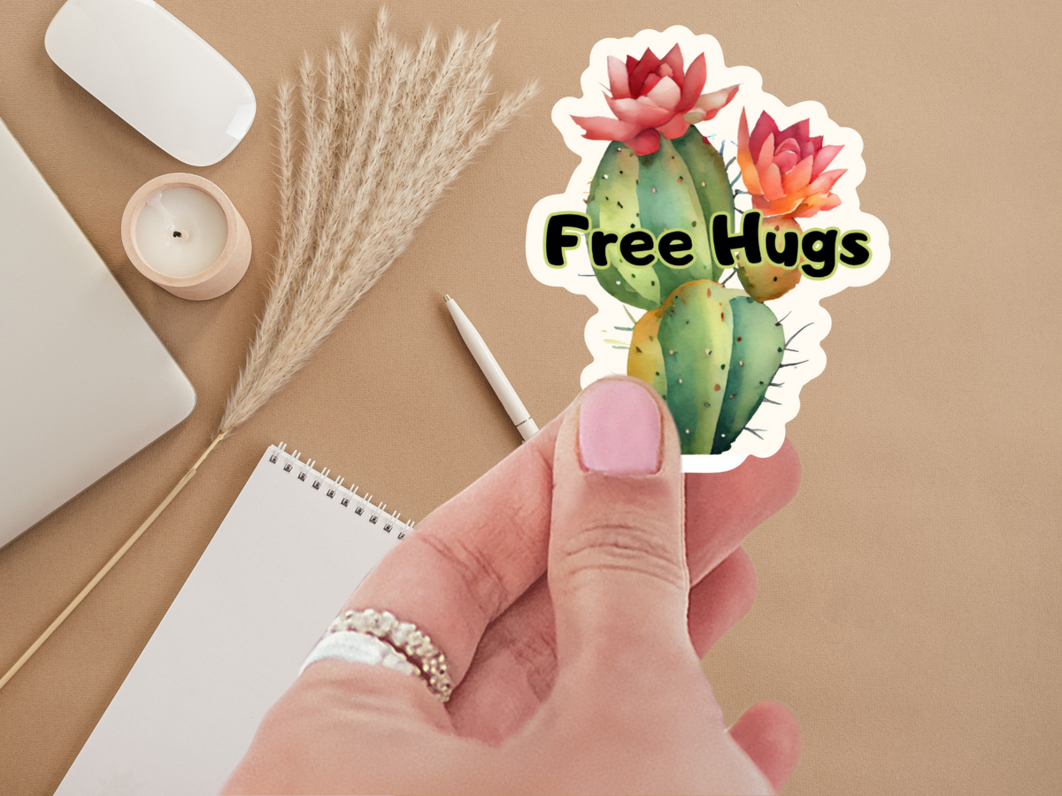 Close-up of the durable Waterproof Vinyl Free Hugs Cactus Sticker featuring vibrant colors and chic matte finish, ideal for planners and everyday items.
