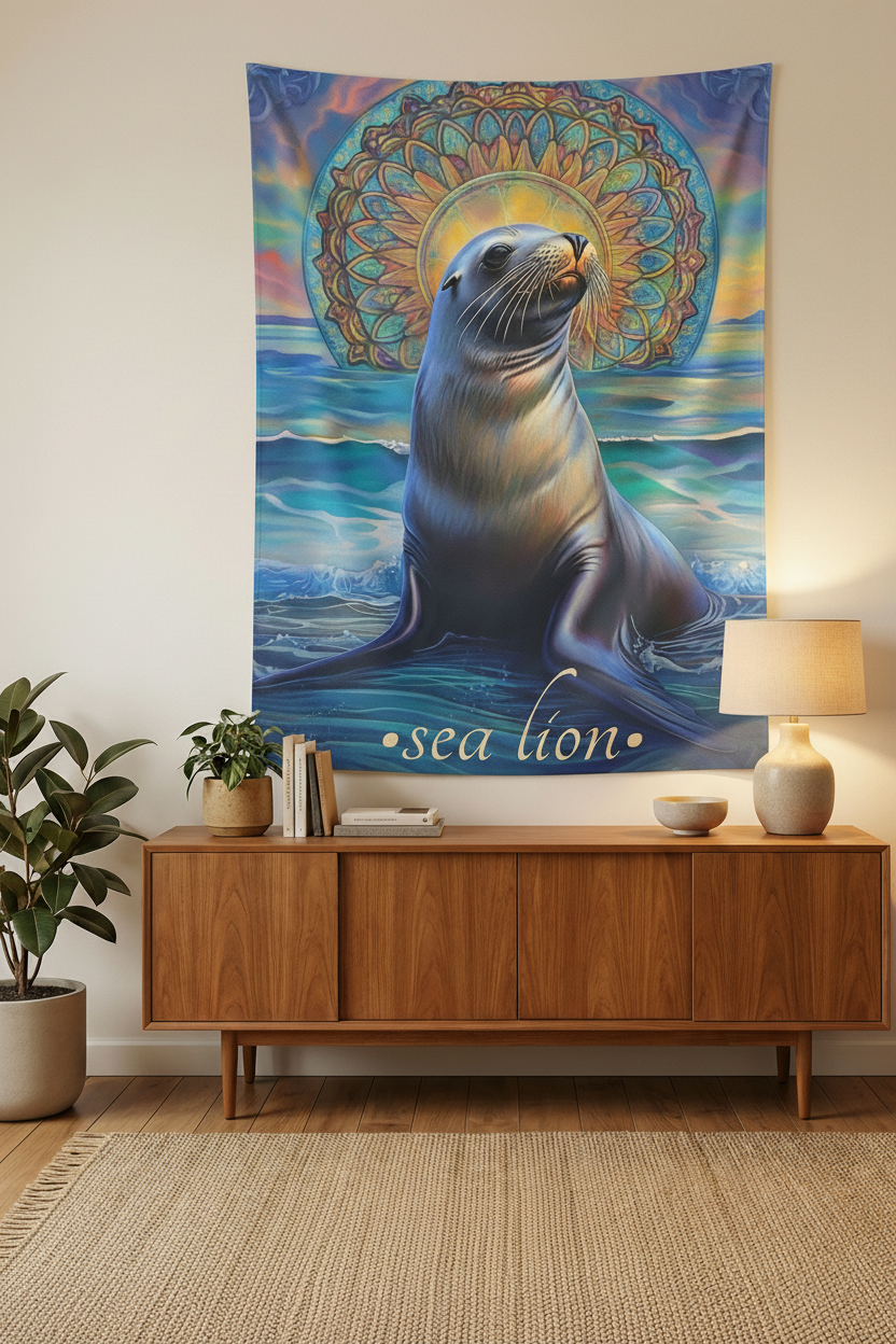 Sea Lion Tapestry Bedroom Mockup 1