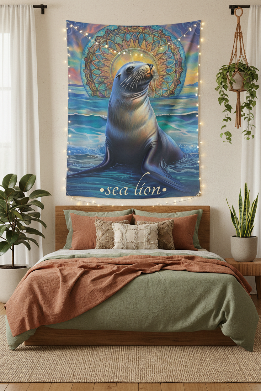 Sea Lion Tapestry Bedroom Mockup 2