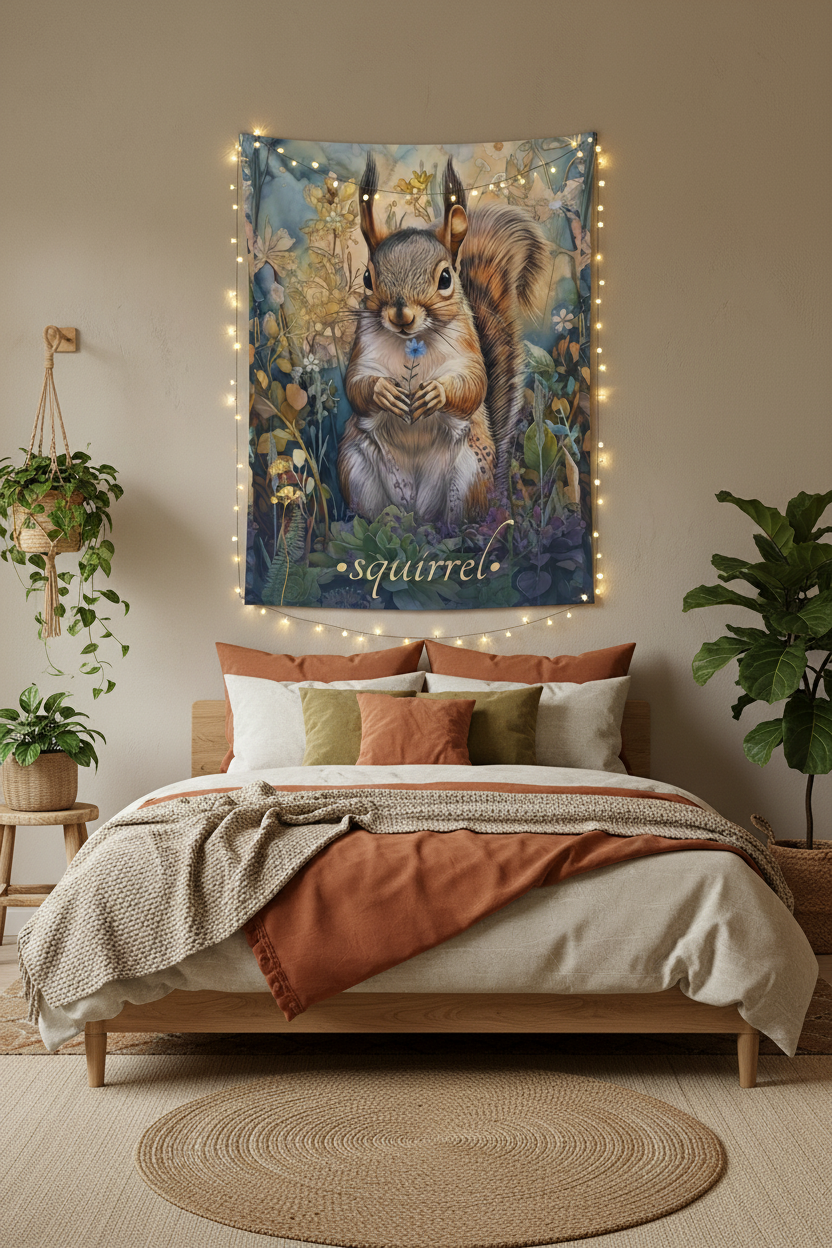 Squirrel Tapestry Bedroom Mockup 2