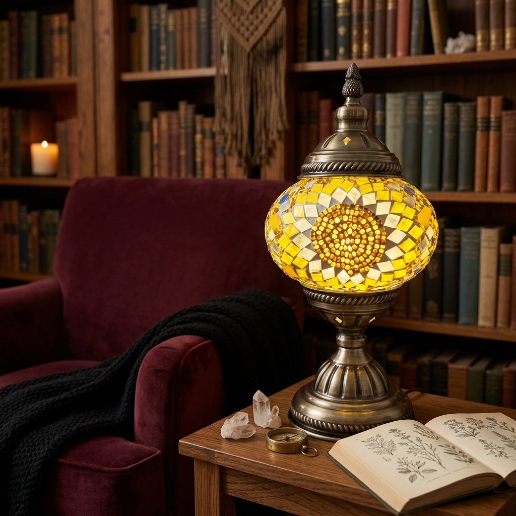 Sunflower lamp in a cosy spellbook reading nook