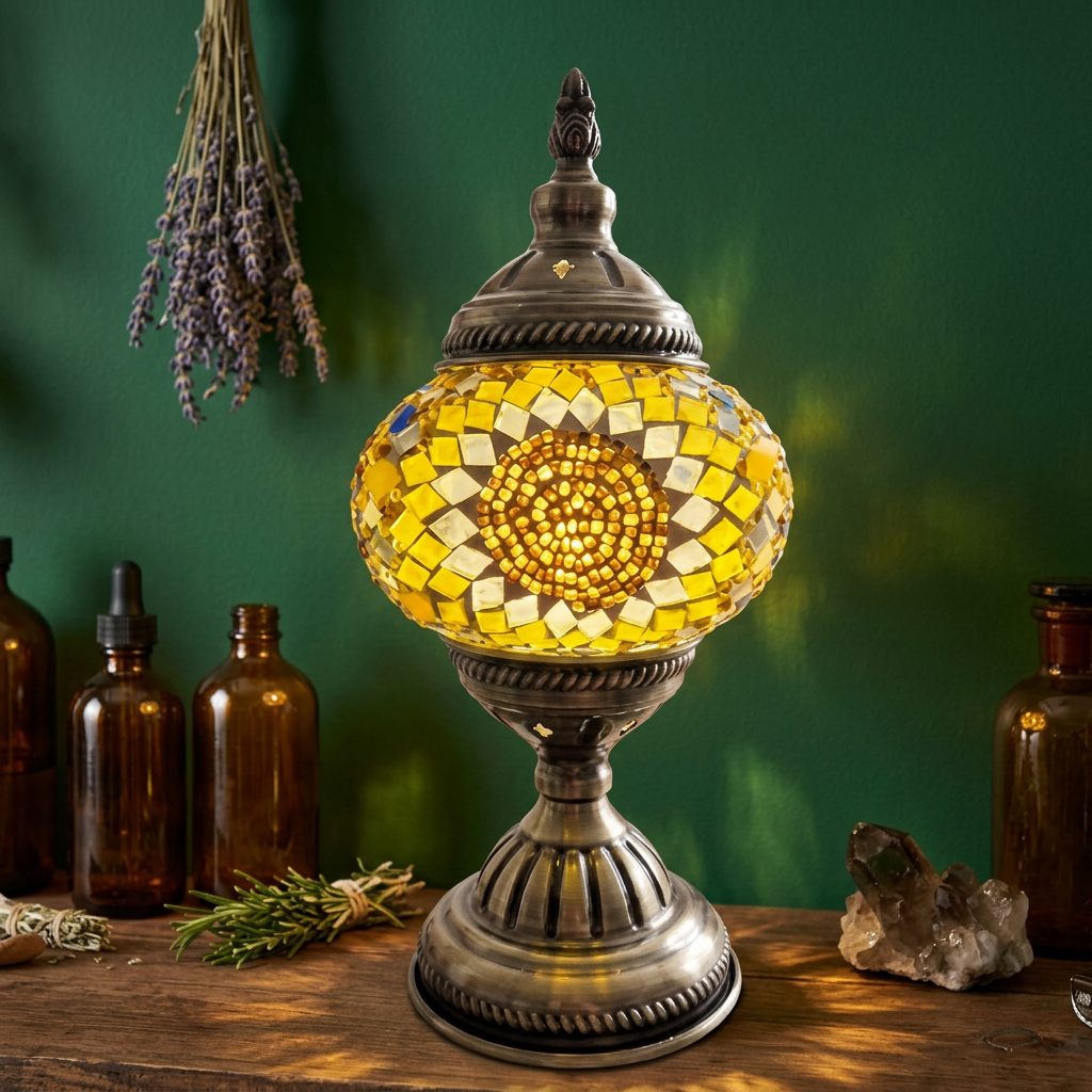 Sunflower lamp in a witchy herbal apothecary