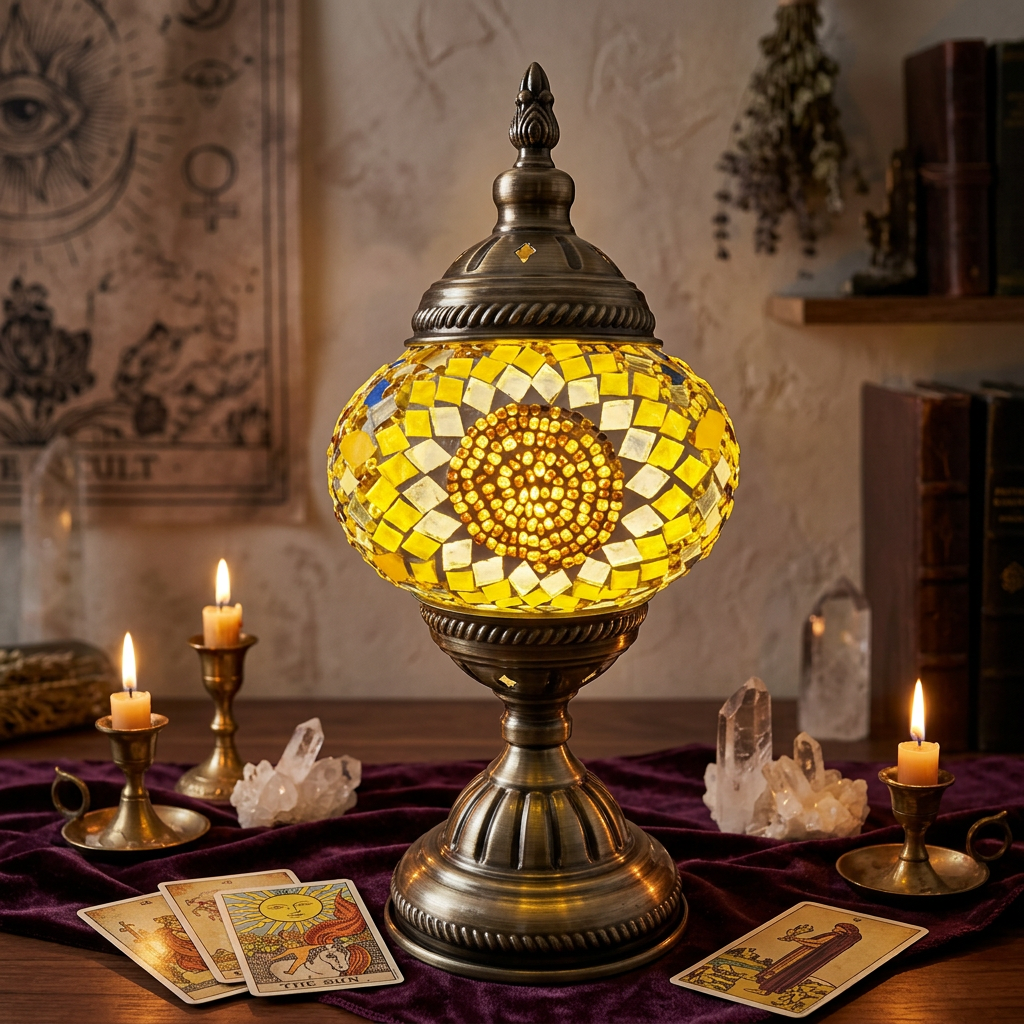 Sunflower lamp on a candlelit tarot altar