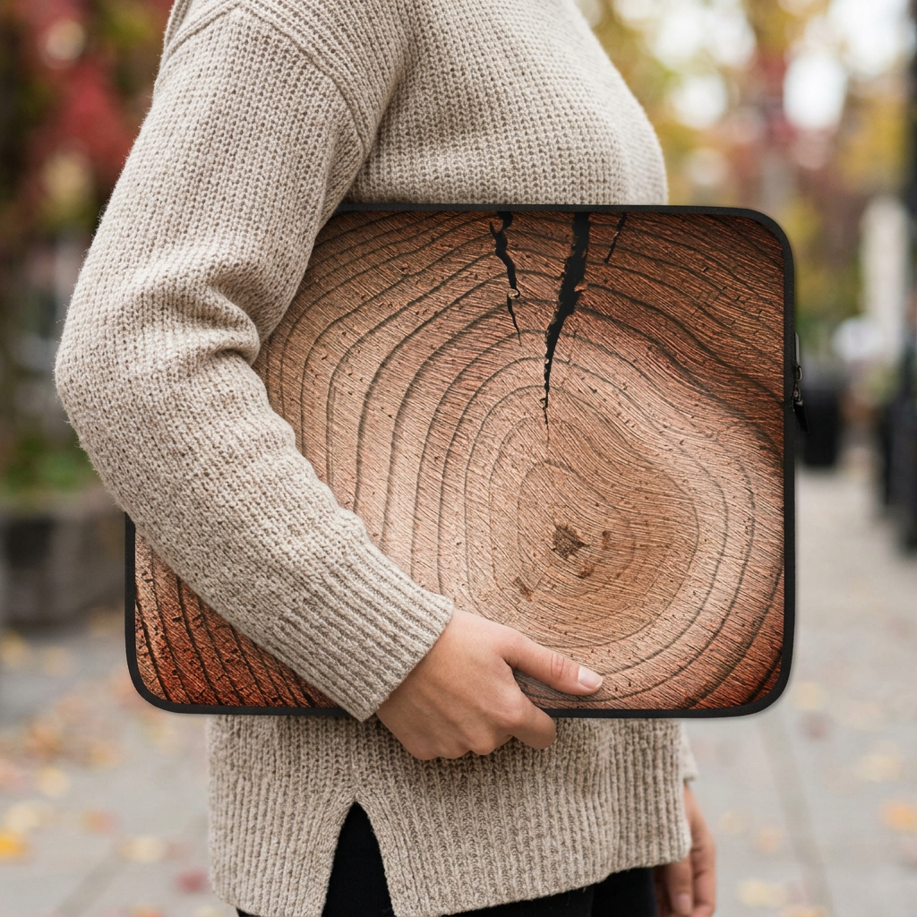 Tree Ring laptop sleeve carried on a leafy walkway