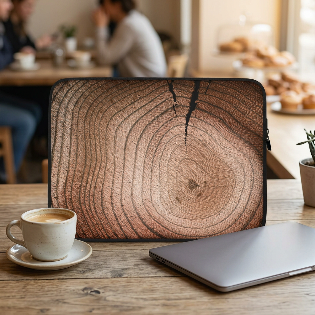Tree Ring laptop sleeve in a café setting