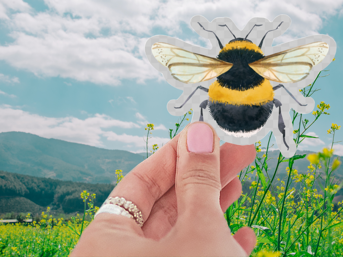 Close-up view of the Save The Bees Sticker showcasing its die-cut design and matte finish, highlighting the vibrant colors ideal for indoor and outdoor use.